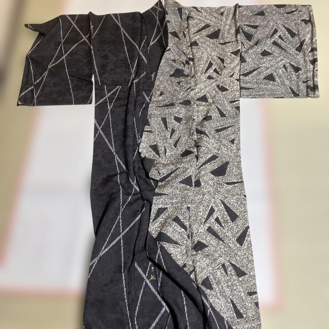 着物　袷　黒系　身丈165cm しつけ付き