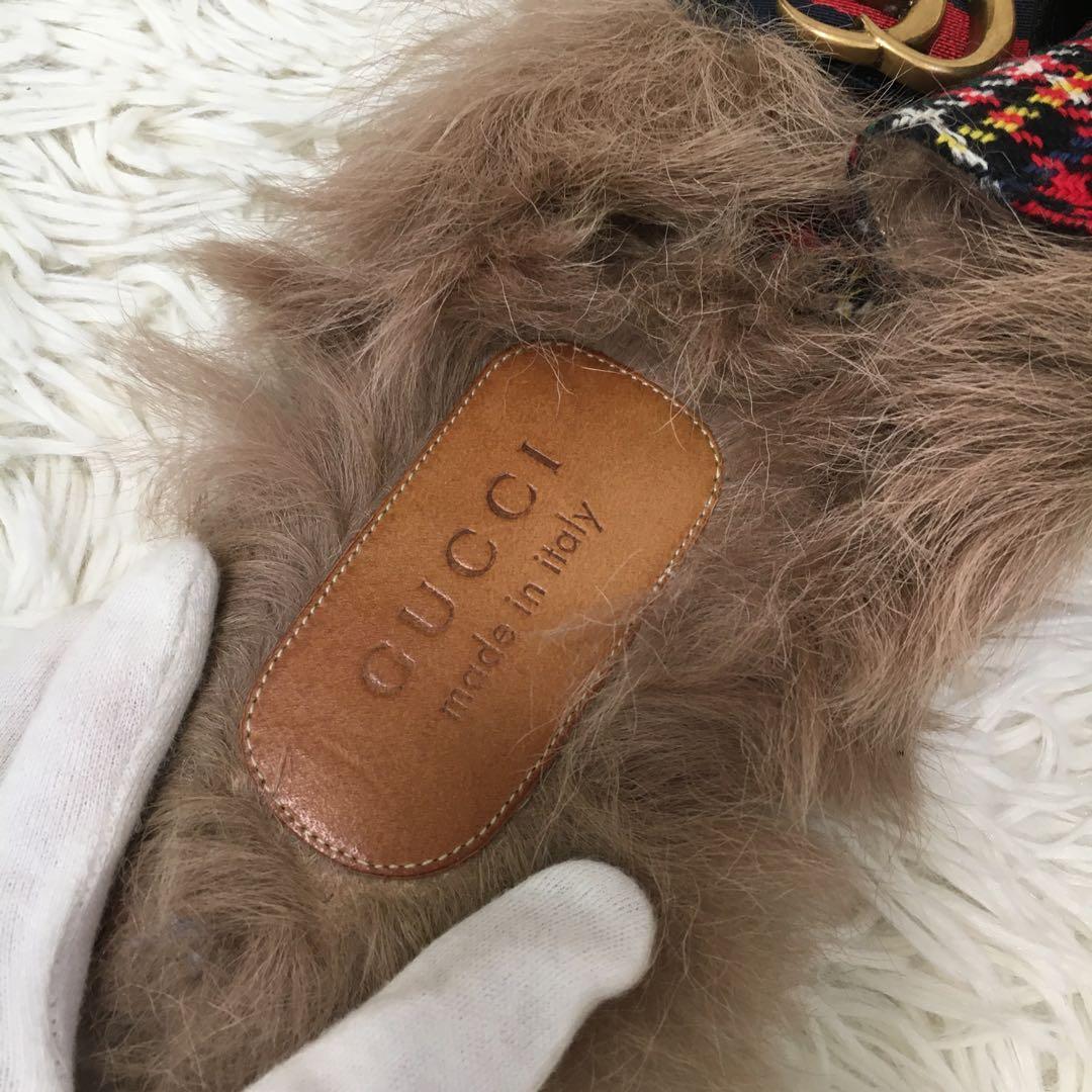 【美品】 グッチ サンダル 27cm相当 チェック柄 ファー付き マーモント