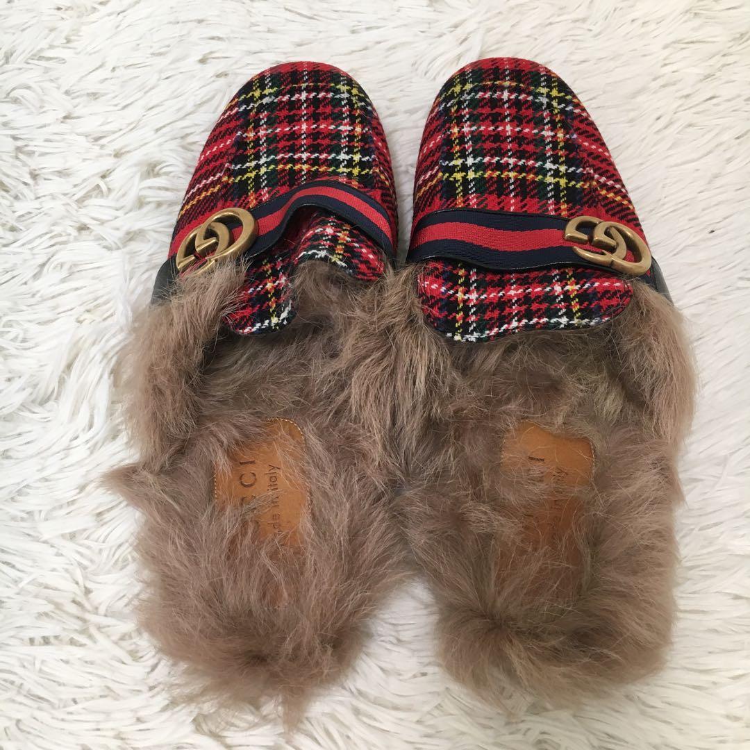 【美品】 グッチ サンダル 27cm相当 チェック柄 ファー付き マーモント