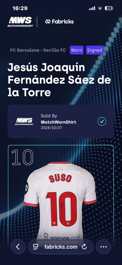 セビージャ　スソ　実使用サイン入りユニフォーム　バルセロナ戦