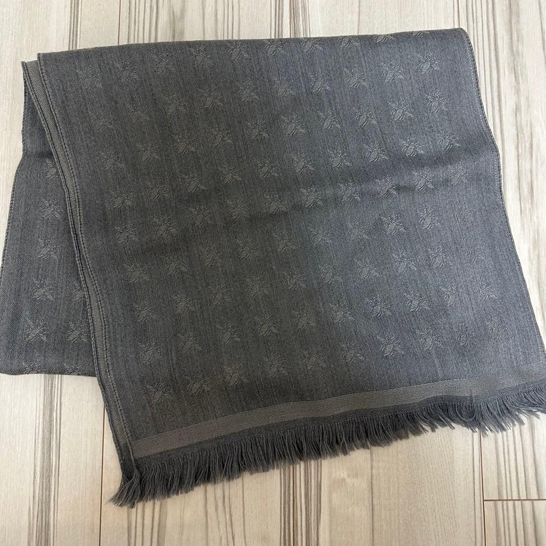 【美品】Dior Bee総柄 グレー メンズマフラー ウールシルク混