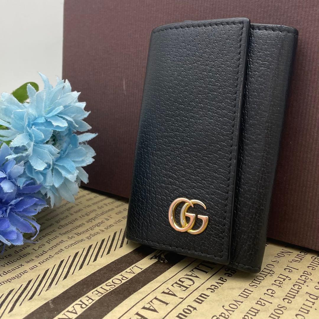 グッチ キーケース 鍵 GGマーモント 革 黒 6連 FP401