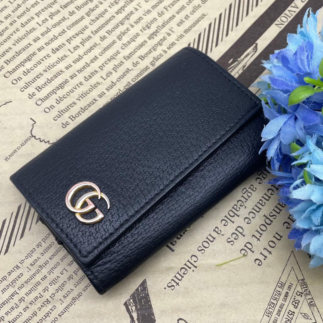 グッチ キーケース 鍵 GGマーモント 革 黒 6連 FP401