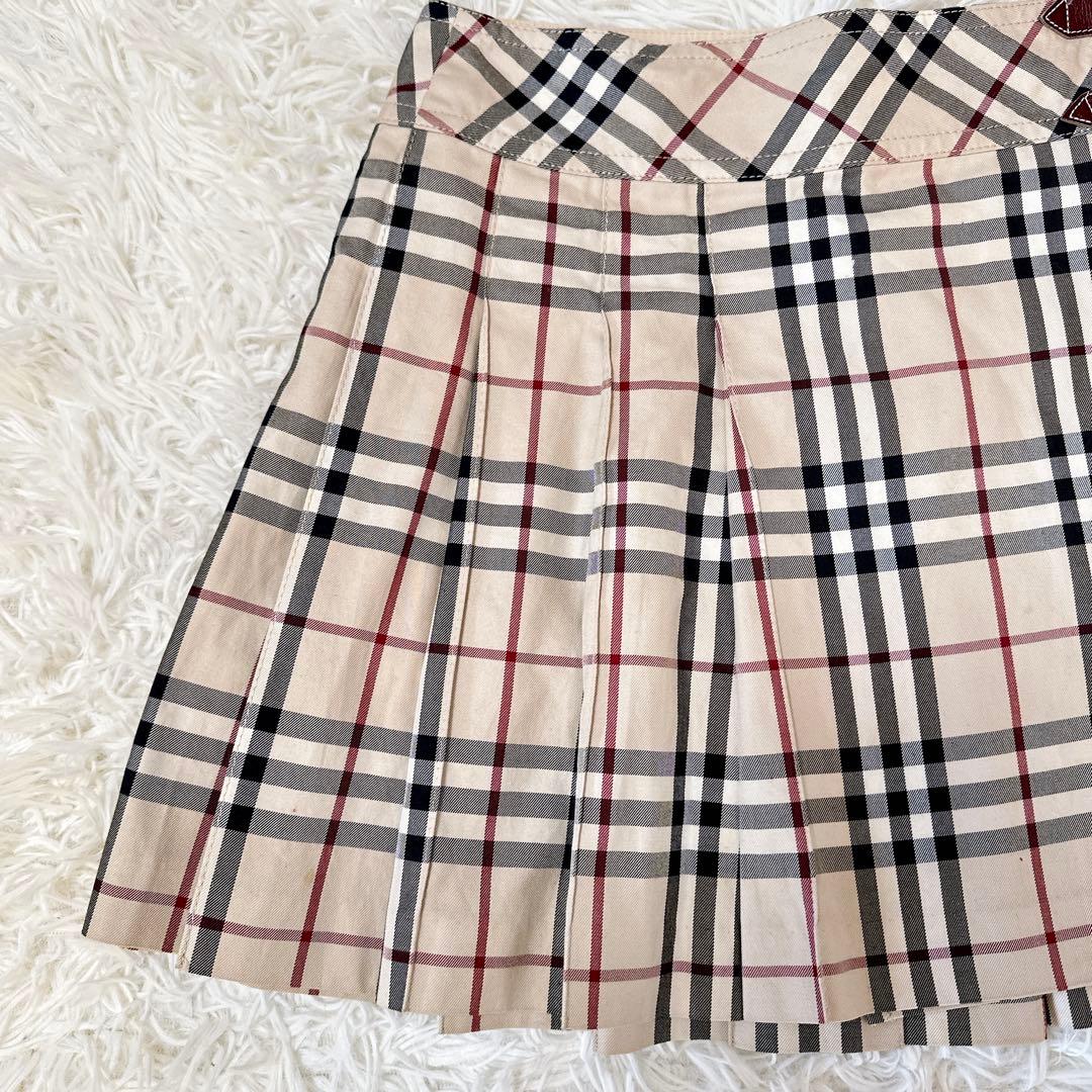 バーバリーブルーレーベル プリーツミニスカート ノバチェック 革ベルト