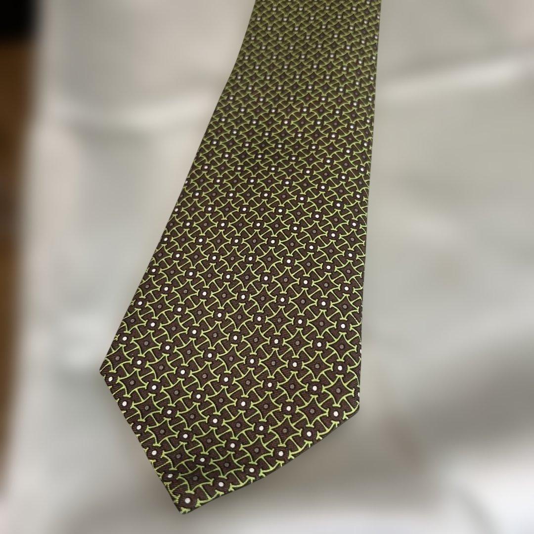 HERMES エルメス ネクタイ グリーン系 ブラウン シルク100%