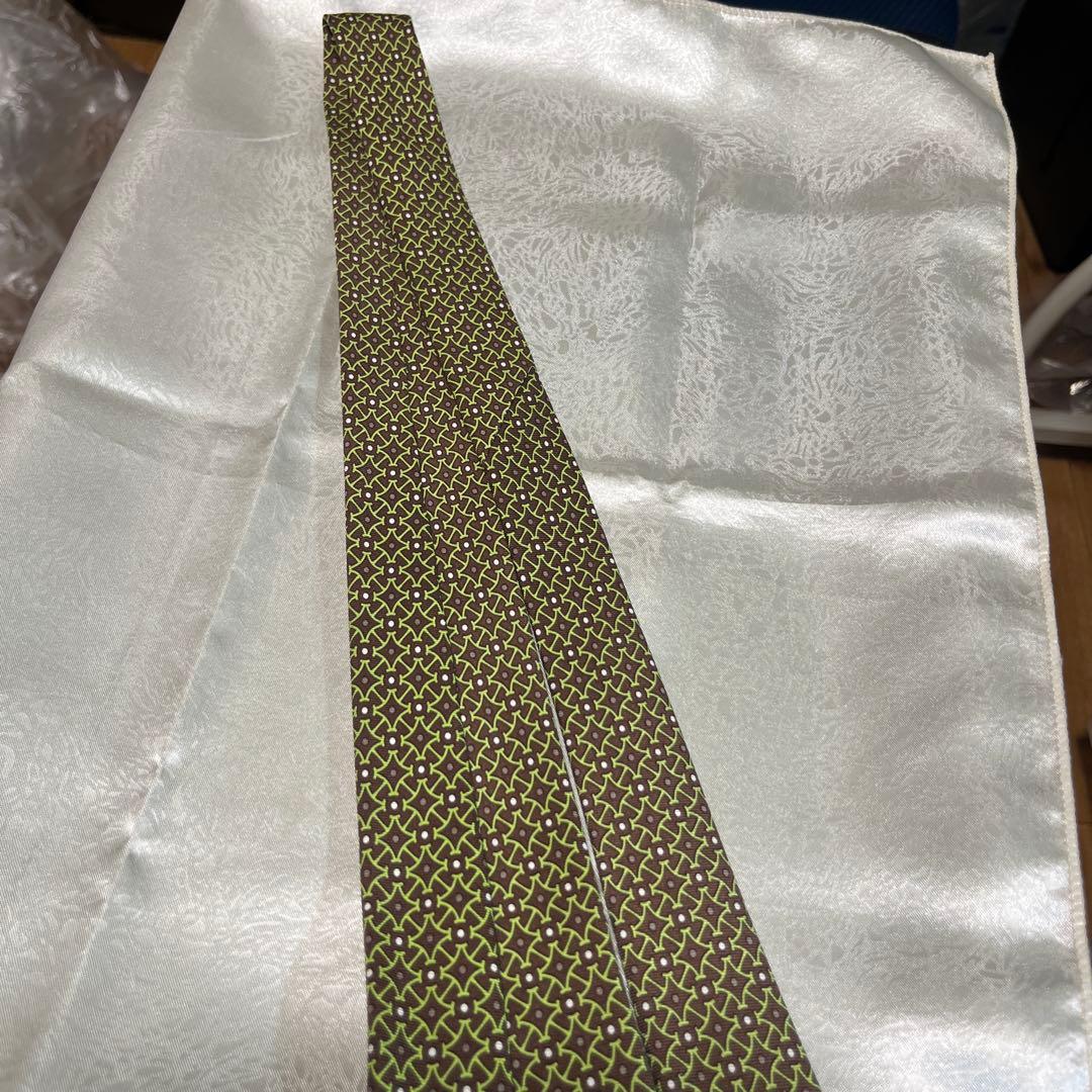 HERMES エルメス ネクタイ グリーン系 ブラウン シルク100%