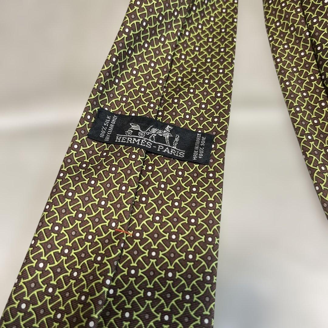 HERMES エルメス ネクタイ グリーン系 ブラウン シルク100%