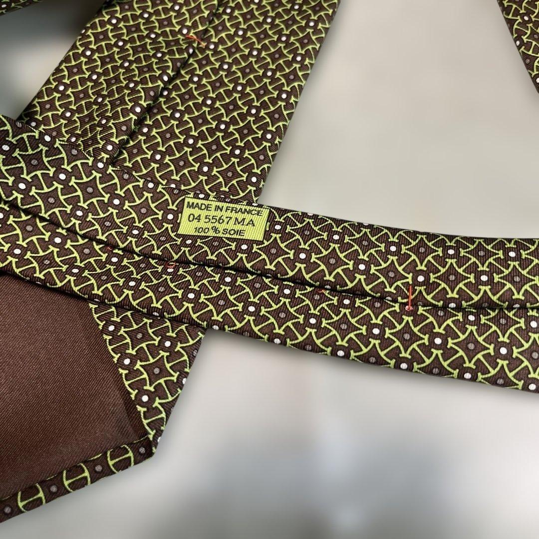 HERMES エルメス ネクタイ グリーン系 ブラウン シルク100%