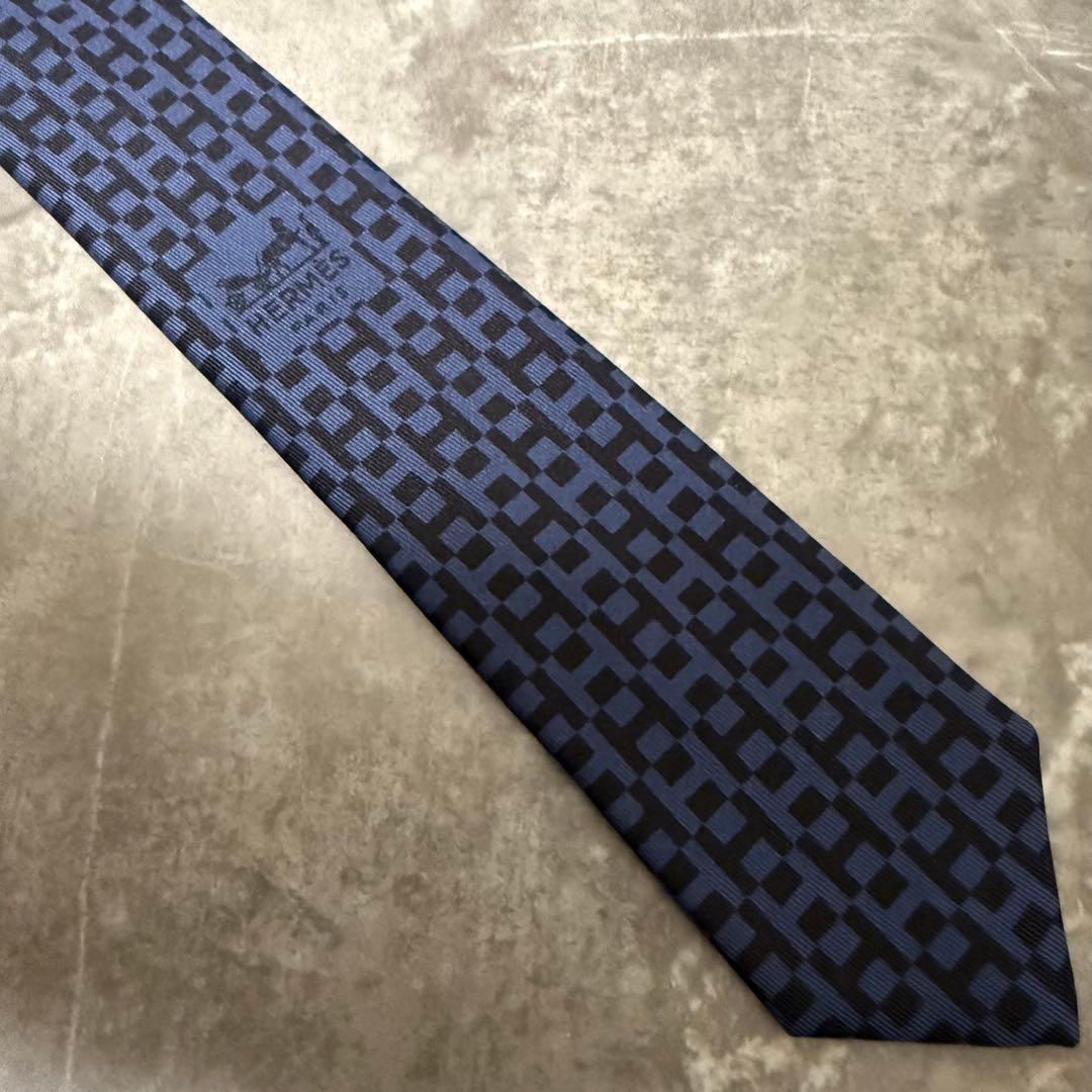 【✨極美品✨】HERMES エルメス ネクタイ ファソネ H柄 ネイビー シルク