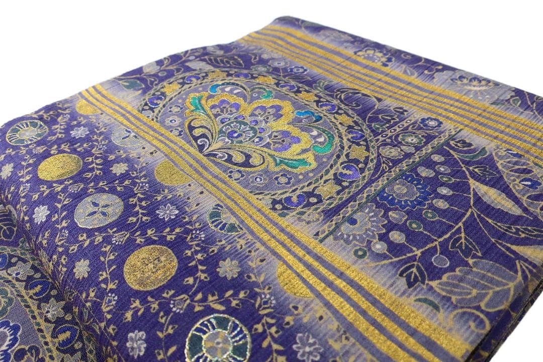 未使用品 袋帯 リバーシブル 紬地 深紫 唐花 枝花 全通柄長さ4m65cm正絹