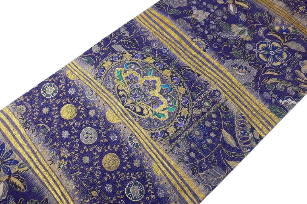 未使用品 袋帯 リバーシブル 紬地 深紫 唐花 枝花 全通柄長さ4m65cm正絹