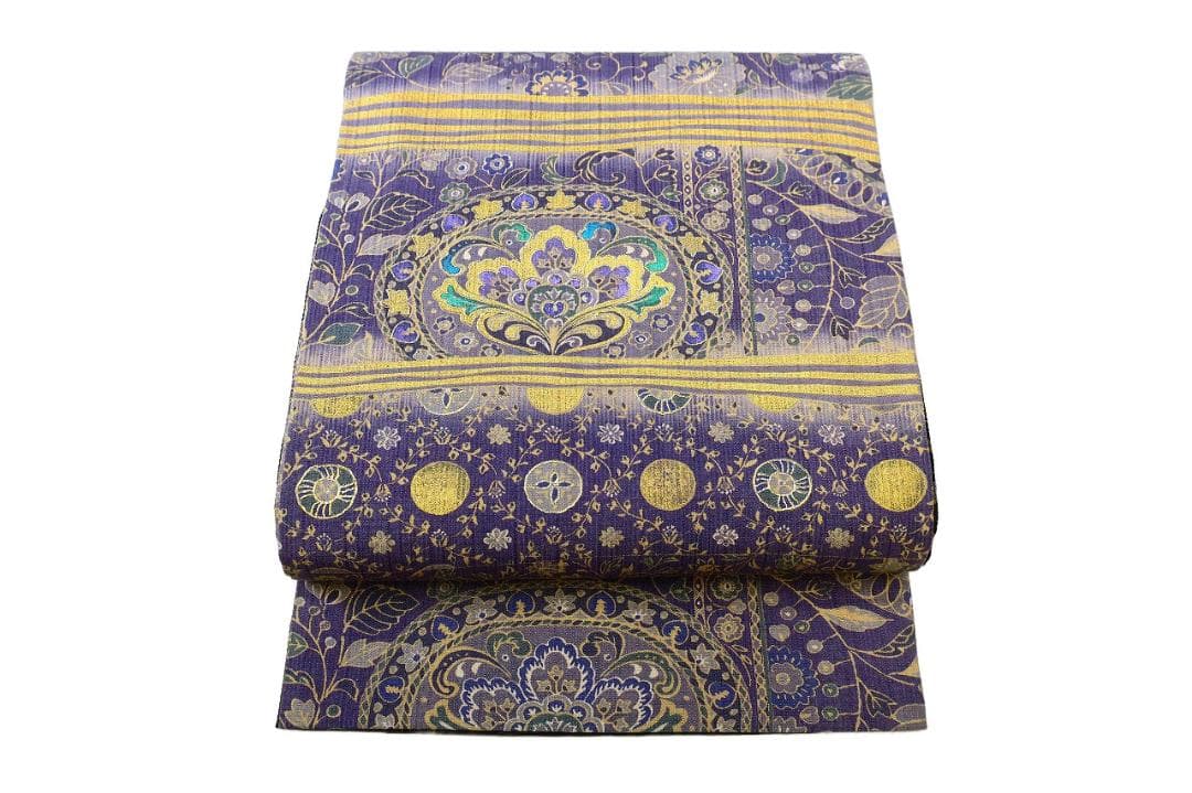 未使用品 袋帯 リバーシブル 紬地 深紫 唐花 枝花 全通柄長さ4m65cm正絹