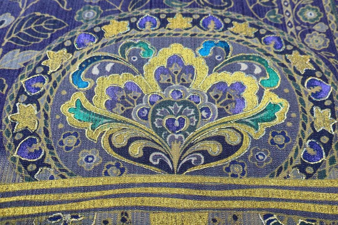 未使用品 袋帯 リバーシブル 紬地 深紫 唐花 枝花 全通柄長さ4m65cm正絹