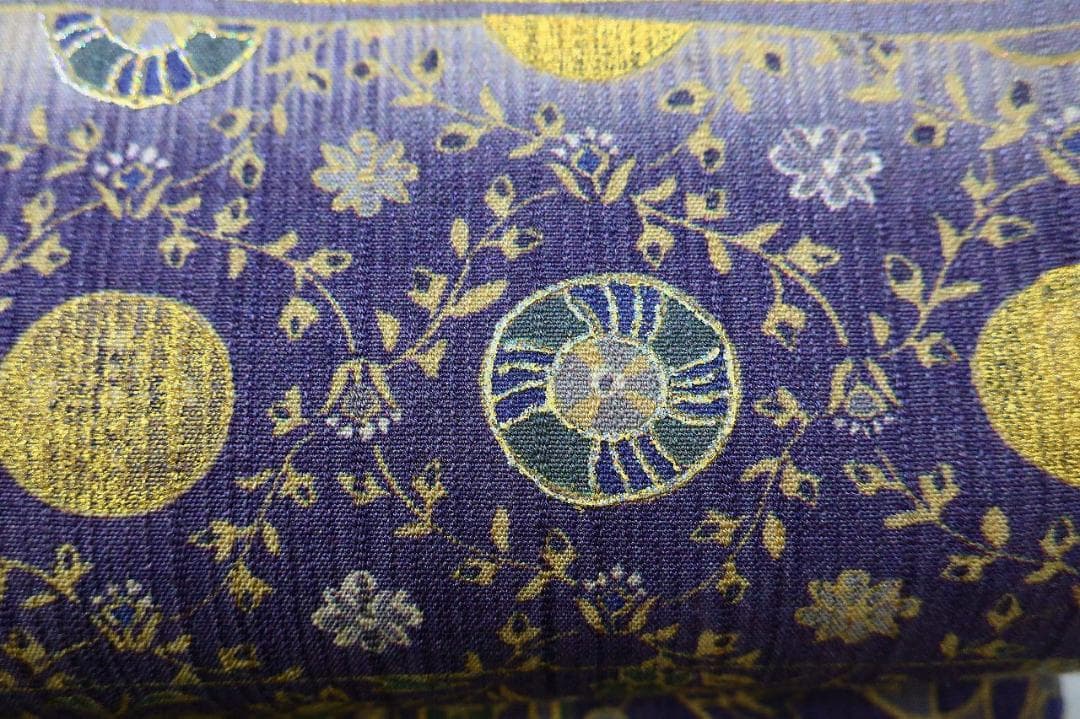 未使用品 袋帯 リバーシブル 紬地 深紫 唐花 枝花 全通柄長さ4m65cm正絹