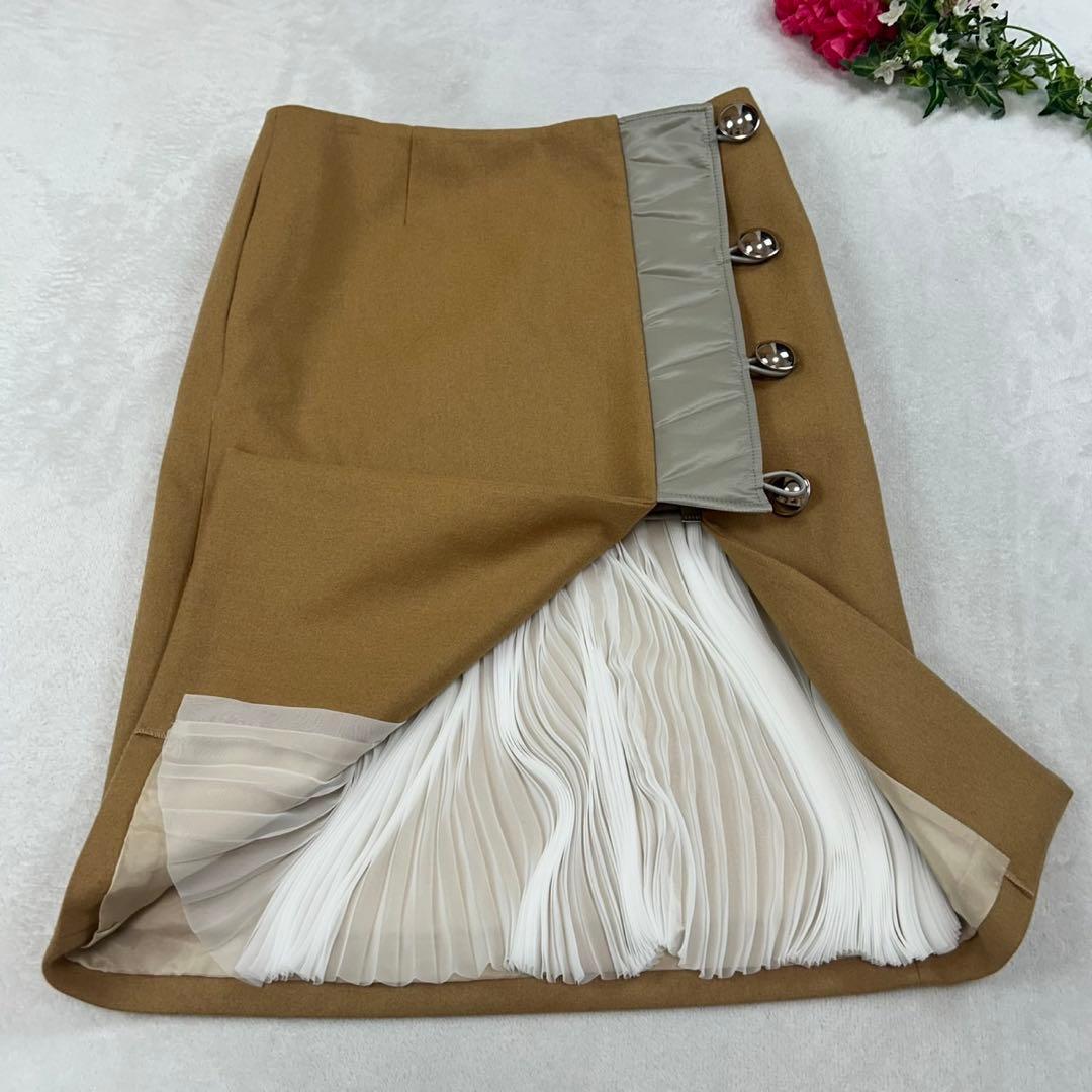 J867 美品 L サカイ プリーツ ひざ丈スカート キャメル レディース