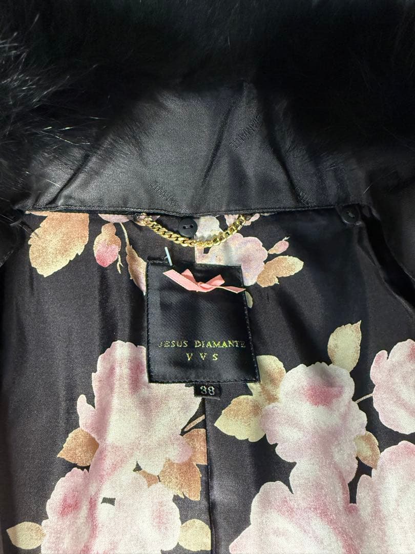 JESUS DIAMANTE アンゴラロングコート黒フォックスファー薔薇柄裏地