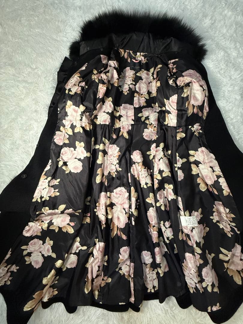 JESUS DIAMANTE アンゴラロングコート黒フォックスファー薔薇柄裏地