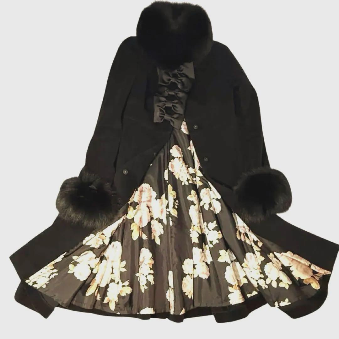 JESUS DIAMANTE アンゴラロングコート黒フォックスファー薔薇柄裏地