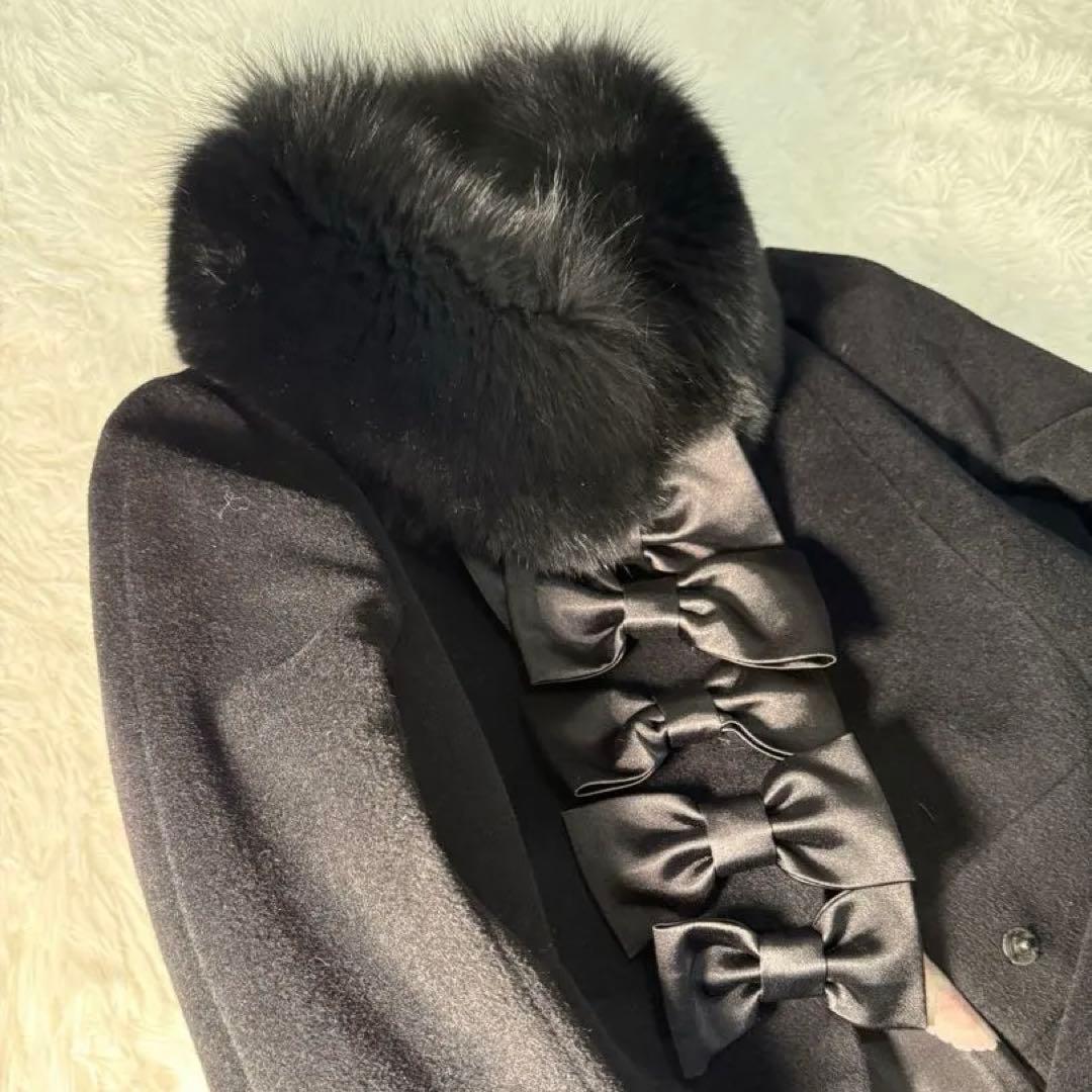 JESUS DIAMANTE アンゴラロングコート黒フォックスファー薔薇柄裏地