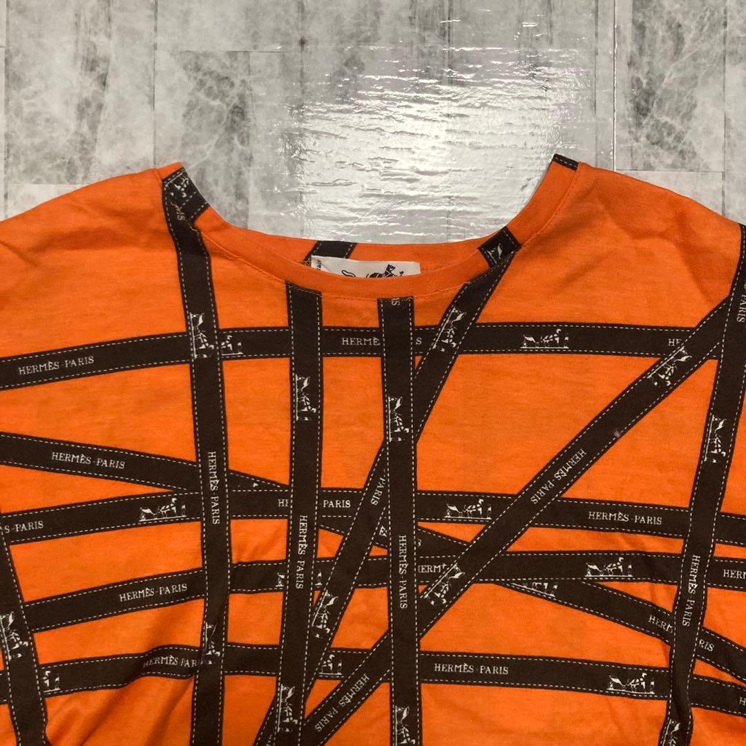 【HERMES】美品✨　エルメス　リボン柄　Tシャツ　オレンジ