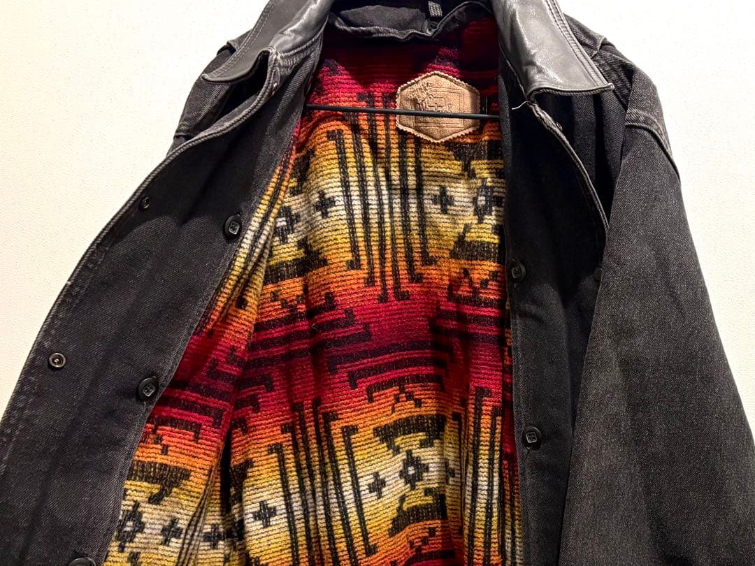 80s USA製 Woolrich デニム カバーオール 襟レザー