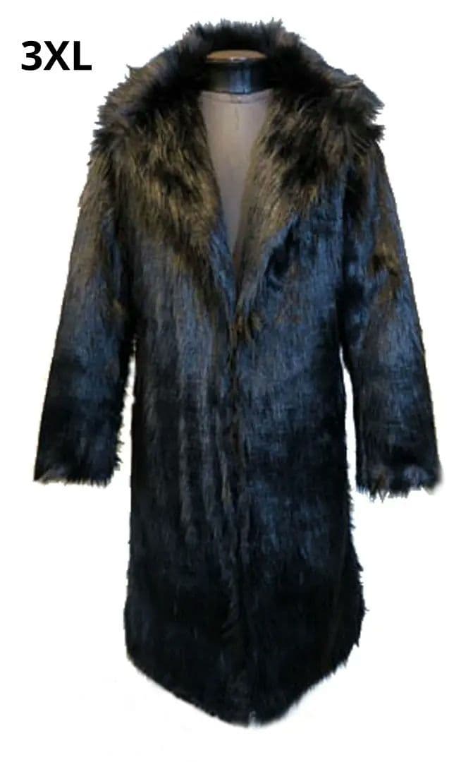 3XL ファーコート メンズ 黒 ブラック ロング チェスターコート ロカビリー