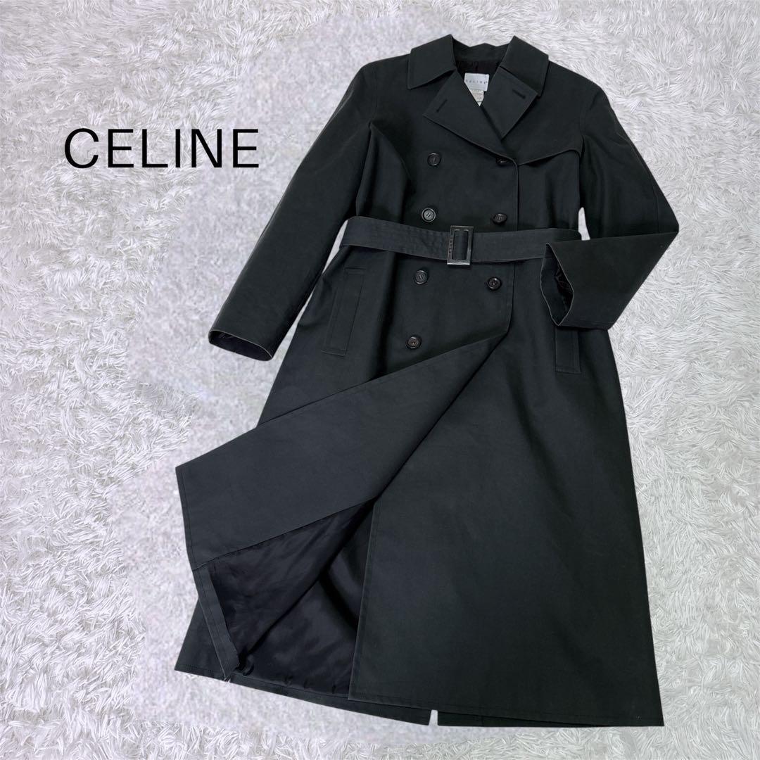CELINE ロング　トレンチコート ユニセックス　ブラック　コットン　40