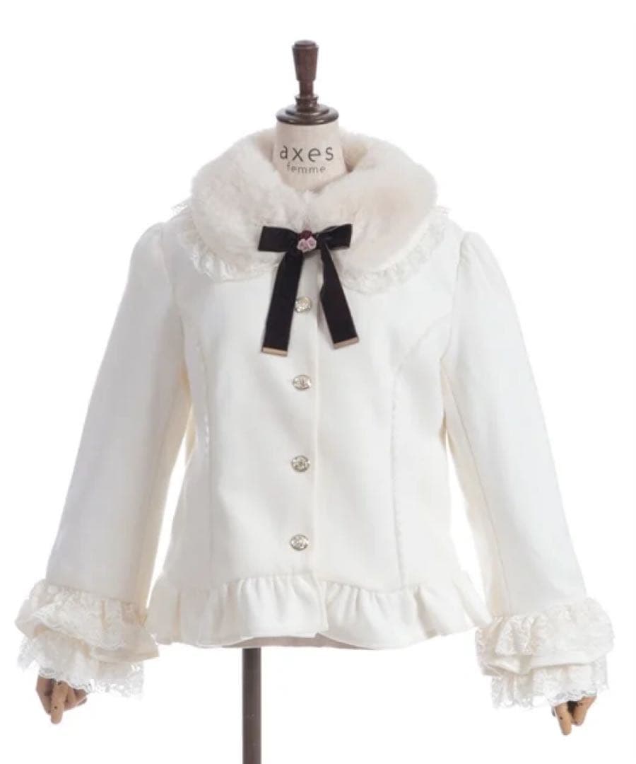 新品タグ付き★アクシーズファム★ローズリボン付フリルコートLファーベロアリボン白