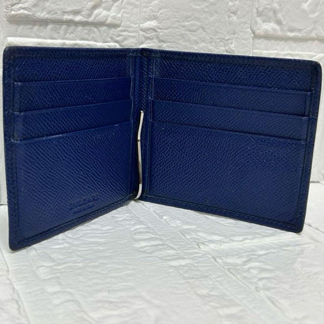 美品☆ブルガリBVLGARI マネークリップ ネイビー レザー 二つ折り 財布