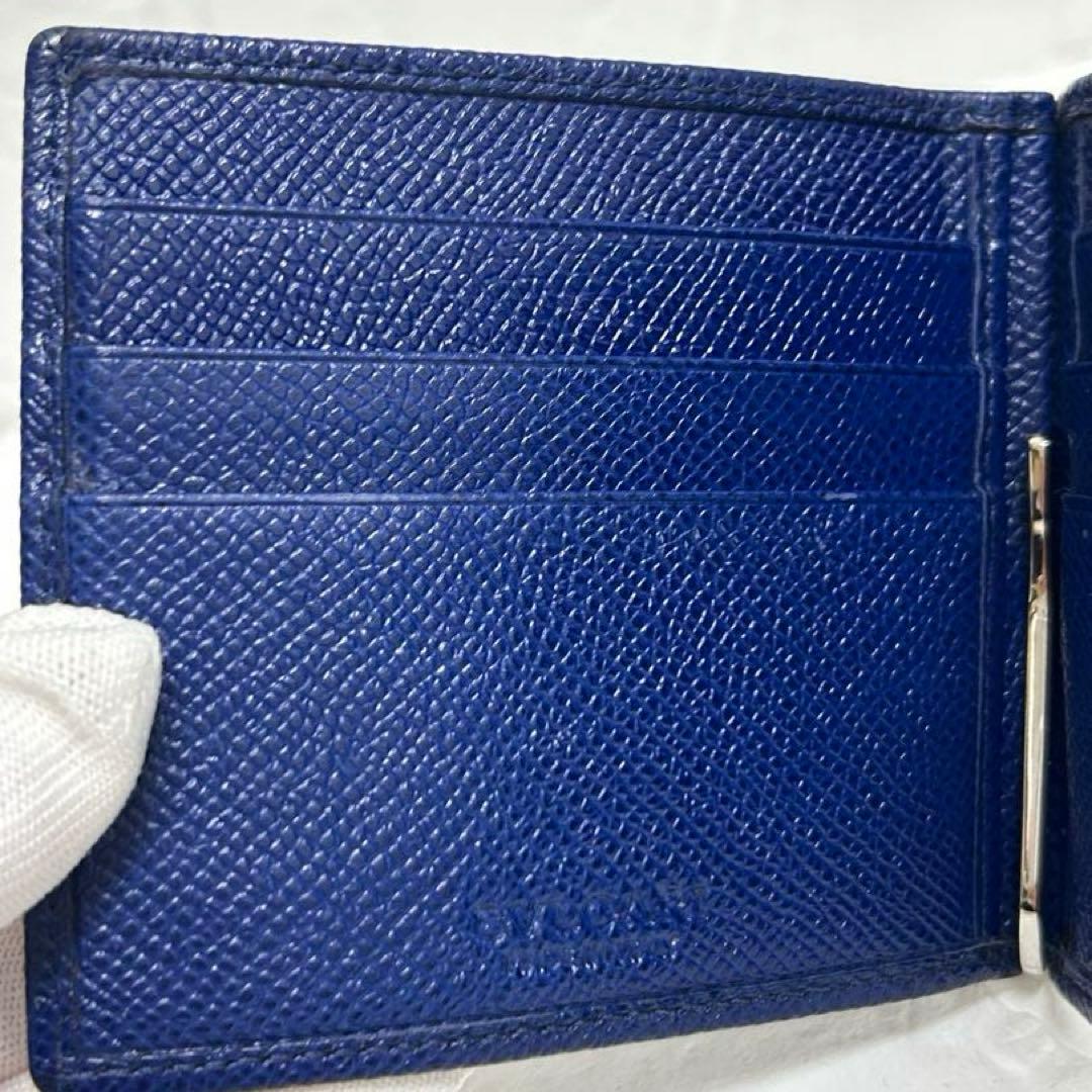 美品☆ブルガリBVLGARI マネークリップ ネイビー レザー 二つ折り 財布
