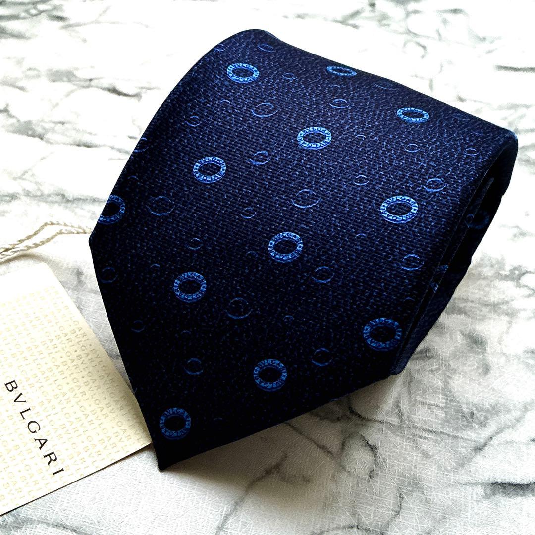 ✨未使用タグ付き✨ブルガリ　リング柄ロゴ入り　ディープブルー　ネクタイ