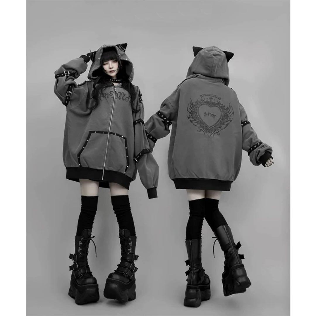 猫耳 パーカー パンク 地雷系 オーバーサイズ 病みかわ グレー 安全ピン 鎖