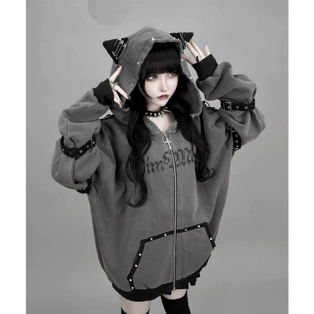 猫耳 パーカー パンク 地雷系 オーバーサイズ 病みかわ グレー 安全ピン 鎖