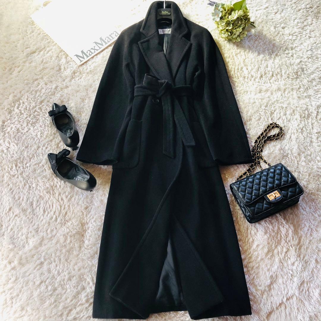 美品✨マックスマーラ ベルテッドコート マキシ カシミヤ 女優襟 ブラック 38