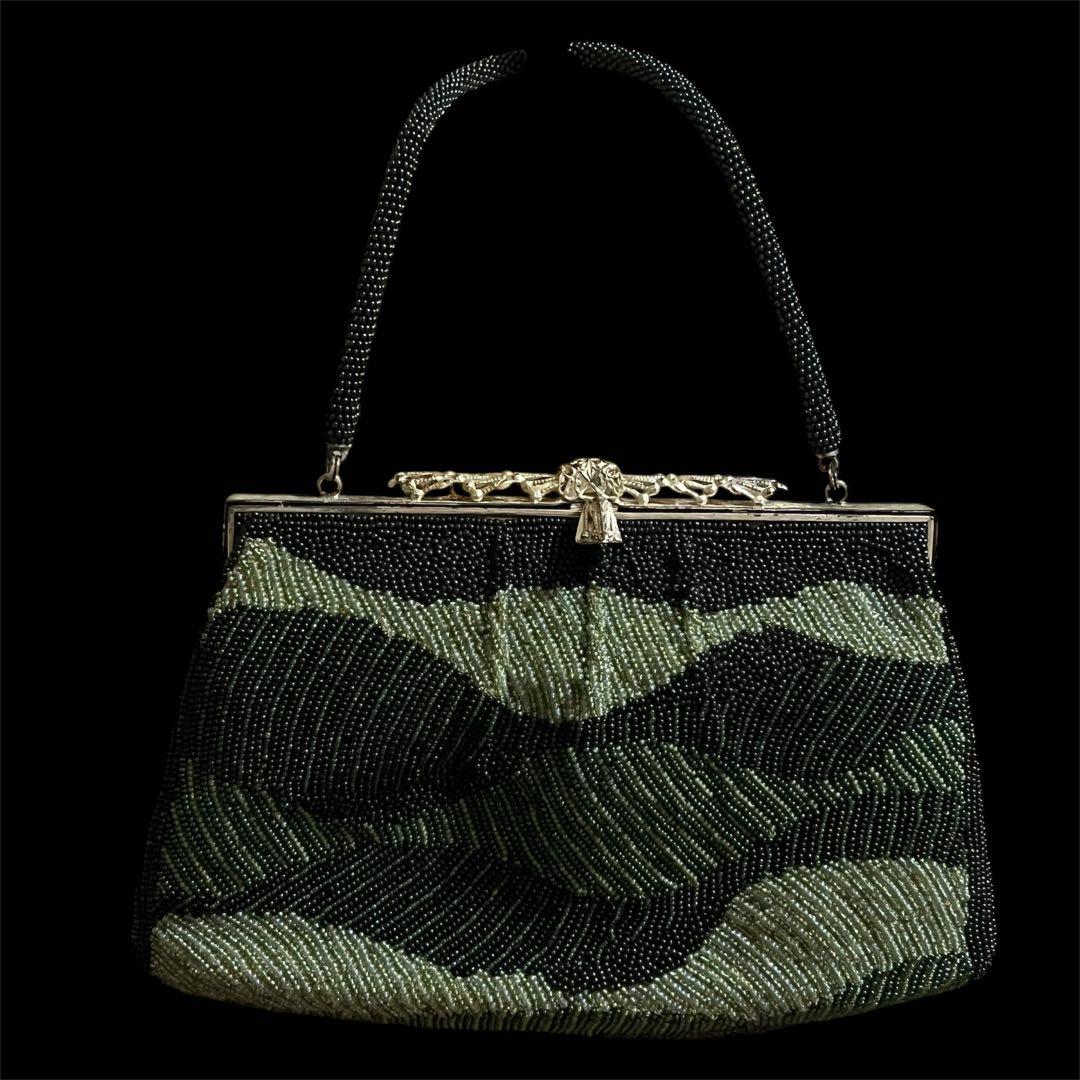 レトロ　アンティーク　ヴィンテージ 総ビーズバッグがま口和装グリーン