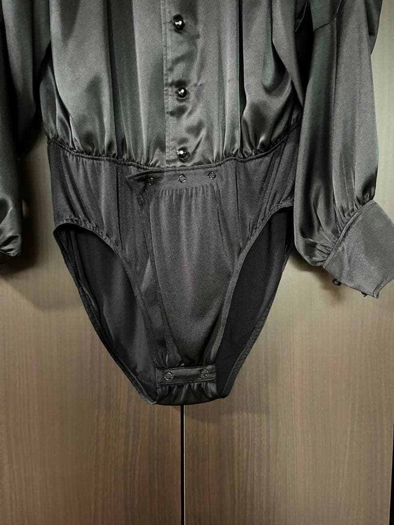 紳士黒 サテン ボディスーツ 長袖 社交ダンス競技用・デモ用衣装　Mサイズ