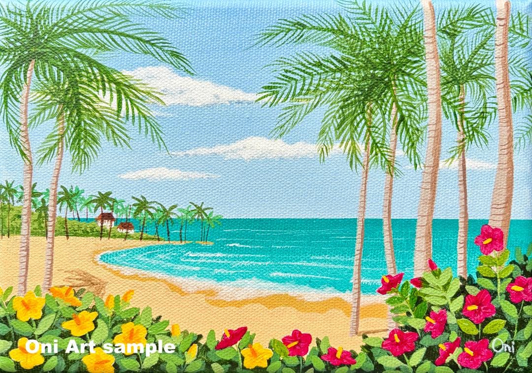 アクリル画　原画　「ハイビスカスの浜辺01」額縁付き　SMサイズ　風景画