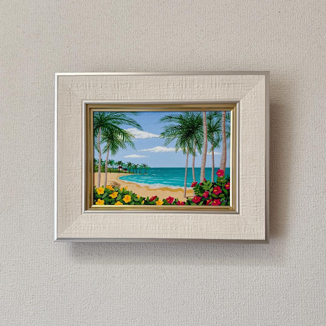 アクリル画　原画　「ハイビスカスの浜辺01」額縁付き　SMサイズ　風景画