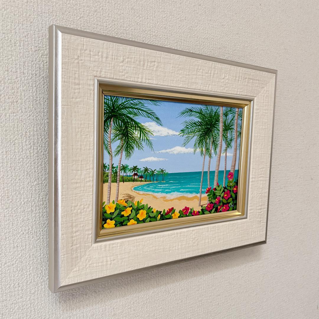 アクリル画　原画　「ハイビスカスの浜辺01」額縁付き　SMサイズ　風景画