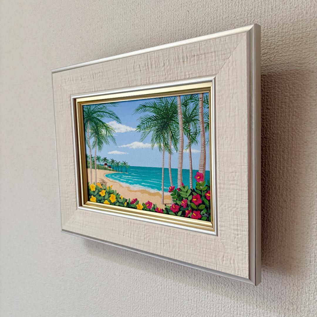 アクリル画　原画　「ハイビスカスの浜辺01」額縁付き　SMサイズ　風景画