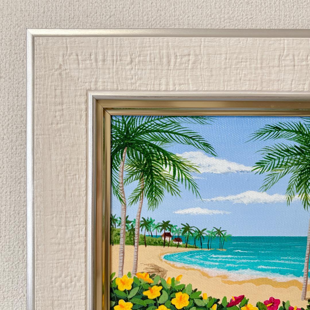 アクリル画　原画　「ハイビスカスの浜辺01」額縁付き　SMサイズ　風景画