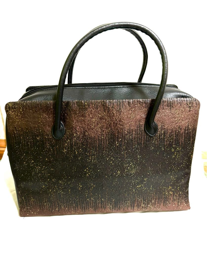 たっぷり収納！　大きめ　西陣織　レザー 正絹　利休バッグ