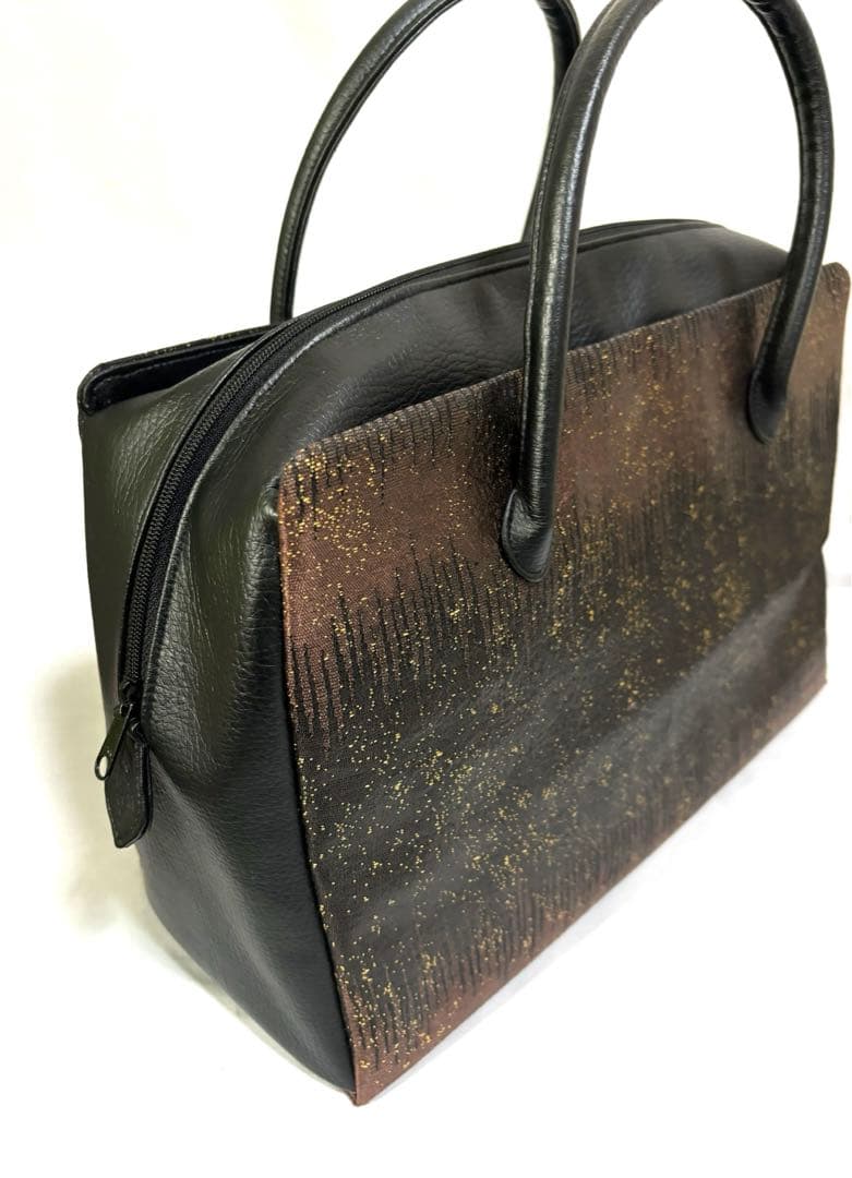 たっぷり収納！　大きめ　西陣織　レザー 正絹　利休バッグ