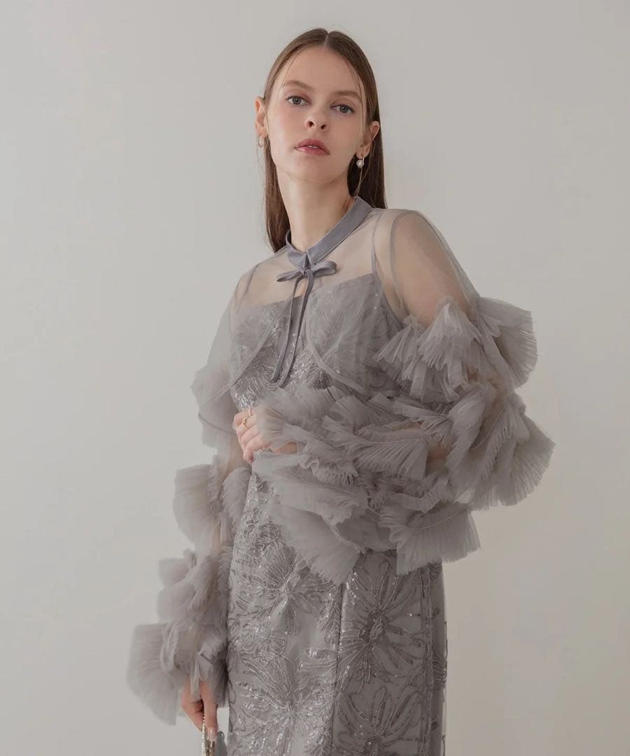 LEJA フリルチュールスリーブリボンIラインワンピースドレス