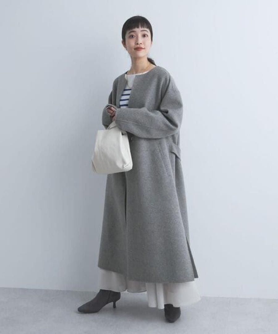 紬 ウール リバー ノーカラー コート