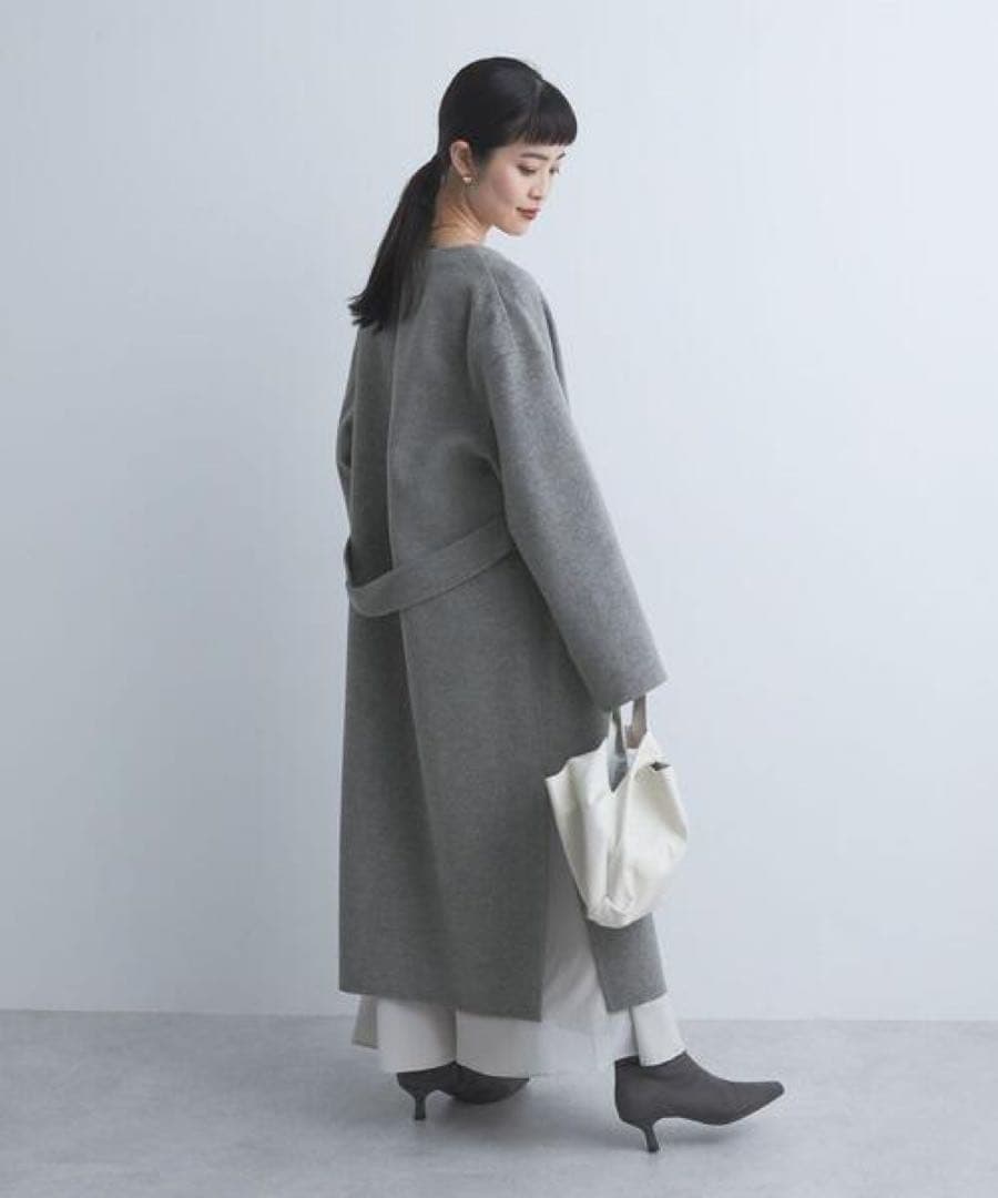 紬 ウール リバー ノーカラー コート