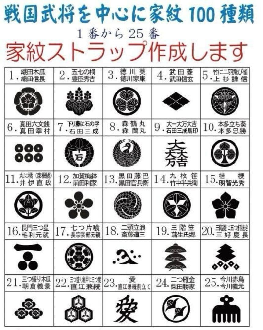 戦国武将　名入れ家紋ストラップ 100選　1番から25番　リクエスト大歓迎‼︎