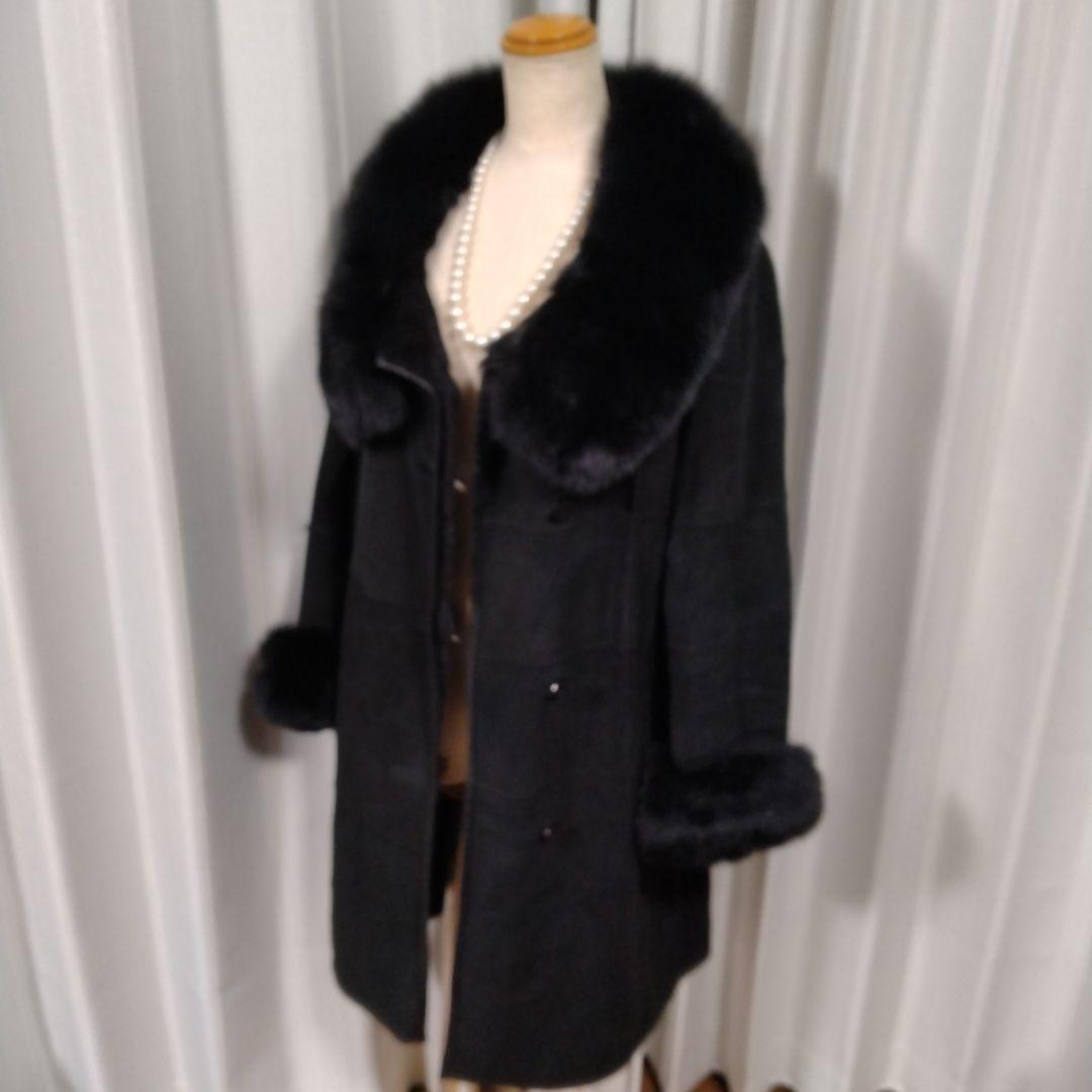 新品同様✩ブルーフォックス＆ラムレザー＆ラパン✩ファーコート✩柔らか✩ブラック
