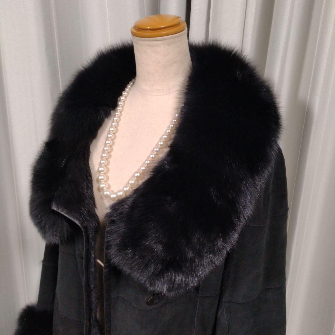 新品同様✩ブルーフォックス＆ラムレザー＆ラパン✩ファーコート✩柔らか✩ブラック