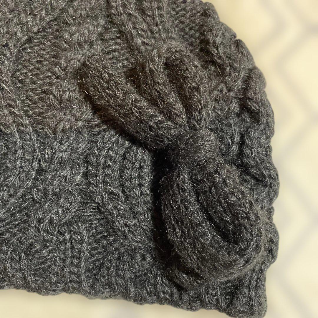 MIUMIU ブラックケーブル編み ニット帽 リボン付き